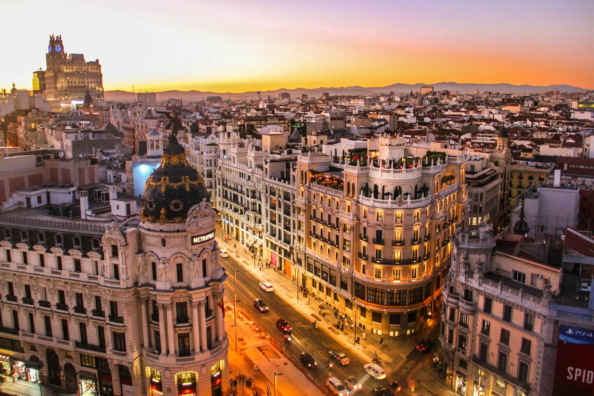 Madrid's Gran Vía at sunset