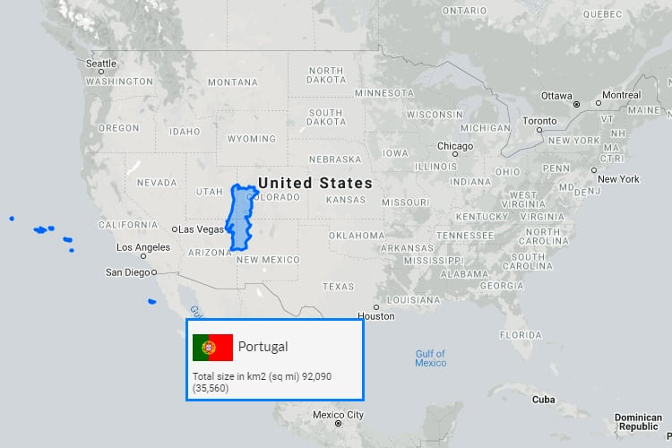 Compare the size of Portugal and the United States