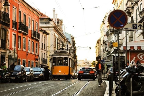 lisbon downtown with a tram